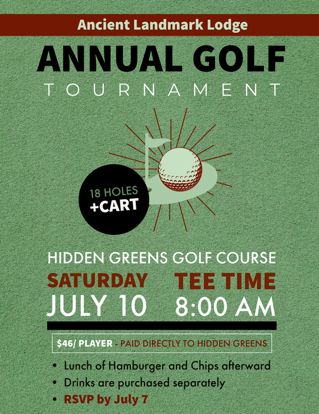 Golf Tournament - July 10 - 8:00 AM - Hidden Greens Golf Course, Hastings